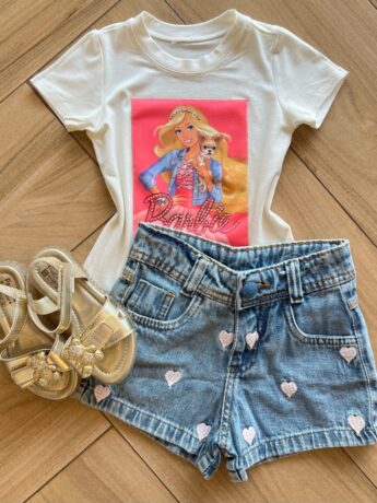 Blusa Infantil Feminina Manga Curta Malha Branca Barbie Fernanda Ramos Kids
