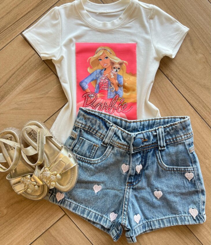 Blusa Infantil Feminina Manga Curta Malha Branca Barbie Fernanda Ramos Kids