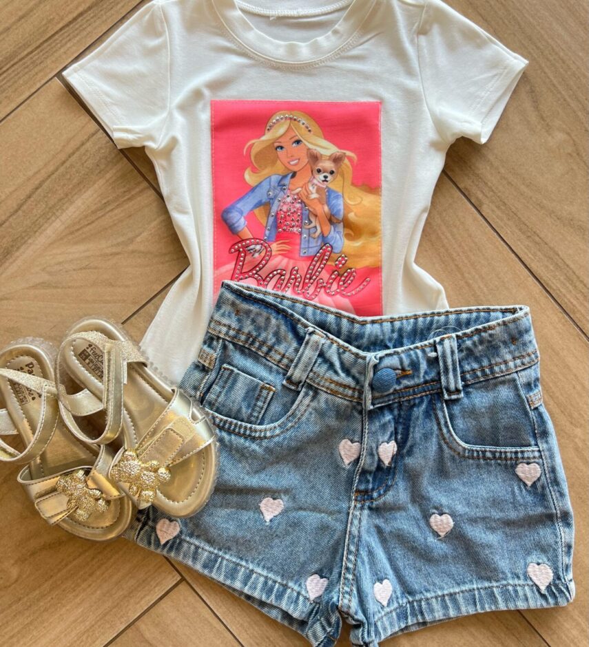 Blusa Infantil Feminina Manga Curta Malha Branca Barbie Fernanda Ramos Kids