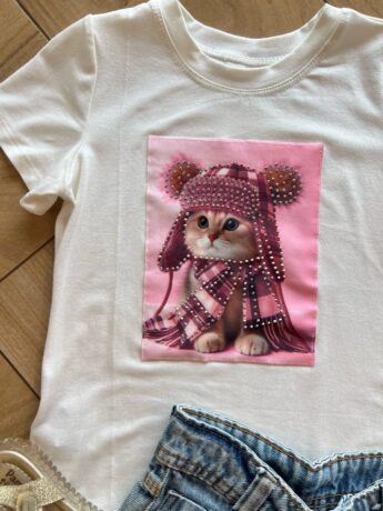 fernandaramoskids com br Blusa Infantil Feminina Manga Curta Malha Branca Gatinho1