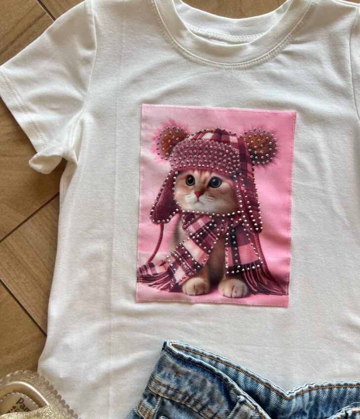 fernandaramoskids com br Blusa Infantil Feminina Manga Curta Malha Branca Gatinho1