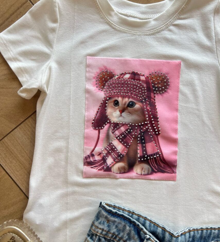 fernandaramoskids com br Blusa Infantil Feminina Manga Curta Malha Branca Gatinho1