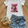Blusa Infantil Feminina Manga Curta Malha Branca Gatinho Fernanda Ramos Kids