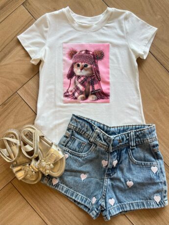 Blusa Infantil Feminina Manga Curta Malha Branca Gatinho Fernanda Ramos Kids