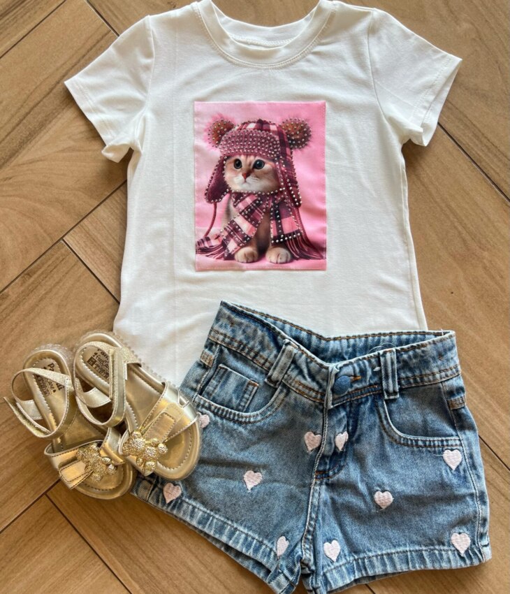 Blusa Infantil Feminina Manga Curta Malha Branca Gatinho Fernanda Ramos Kids
