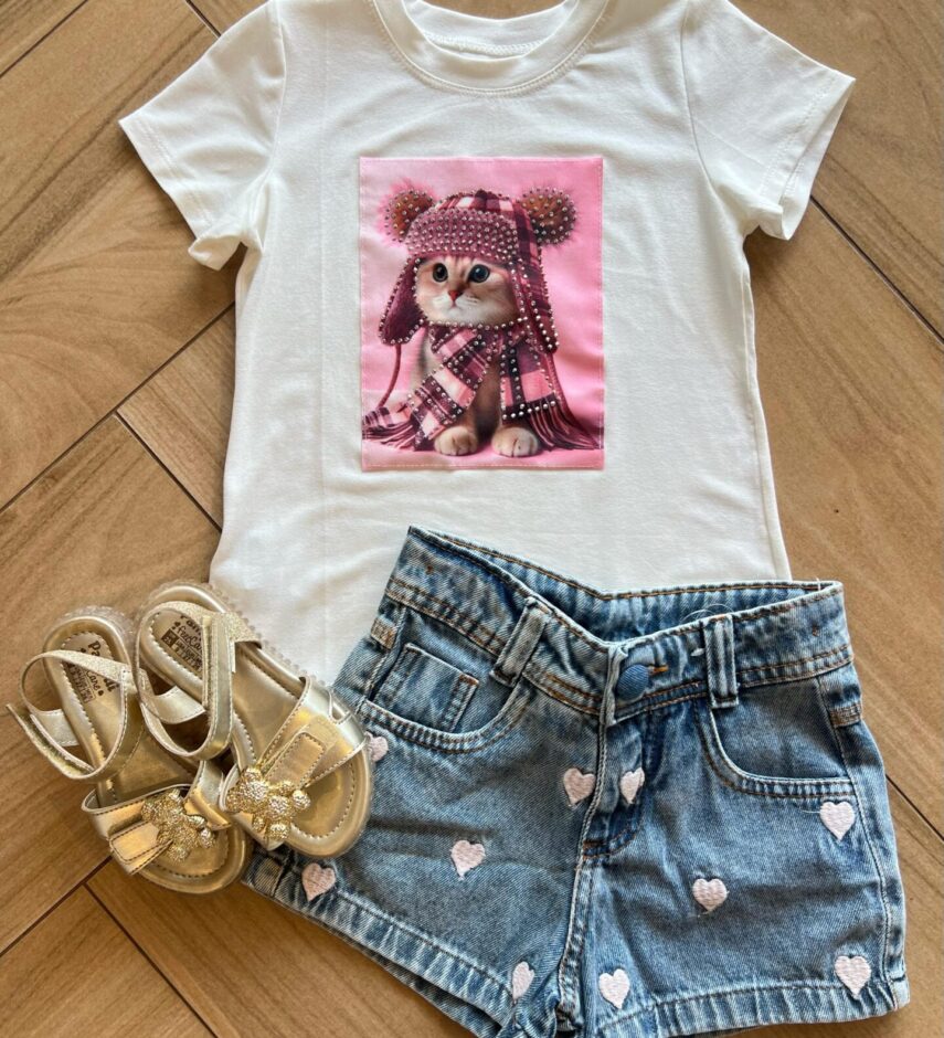 Blusa Infantil Feminina Manga Curta Malha Branca Gatinho Fernanda Ramos Kids