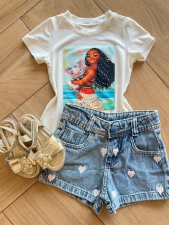 Blusa Infantil Feminina Manga Curta Malha Branca Moana Fernanda Ramos Kids