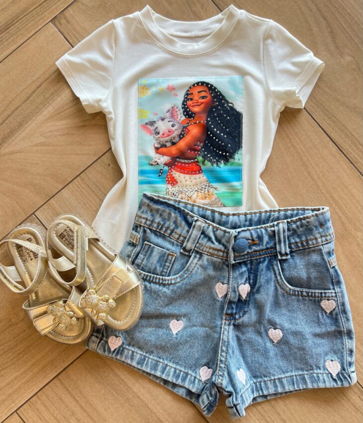Blusa Infantil Feminina Manga Curta Malha Branca Moana Fernanda Ramos Kids