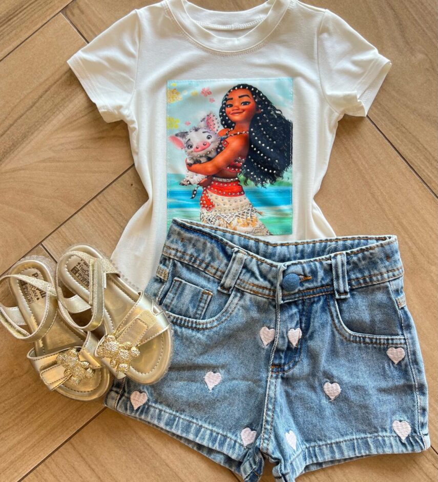 Blusa Infantil Feminina Manga Curta Malha Branca Moana Fernanda Ramos Kids