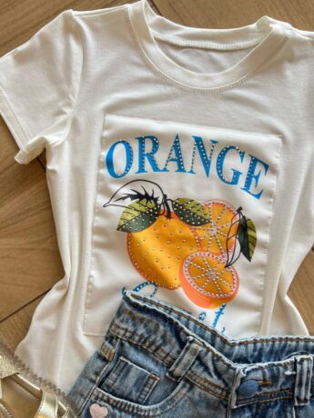 fernandaramoskids com br Blusa Infantil Feminina Manga Curta Malha Branca Orange1