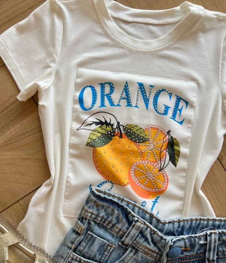 fernandaramoskids com br Blusa Infantil Feminina Manga Curta Malha Branca Orange1