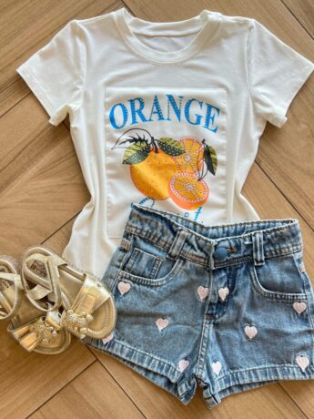 Blusa Infantil Feminina Manga Curta Malha Branca Orange Fernanda Ramos Kids
