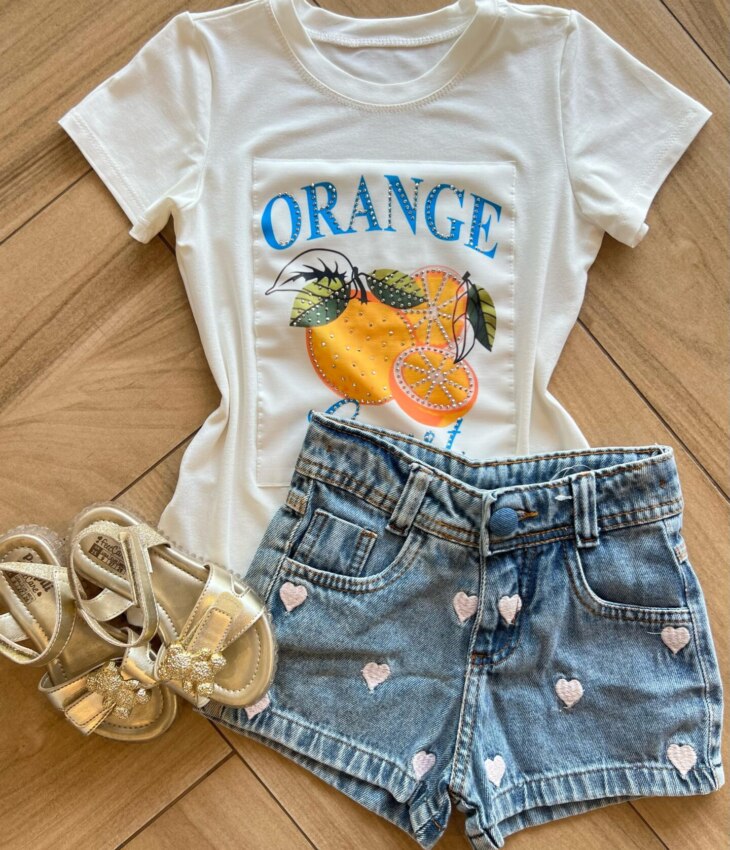 Blusa Infantil Feminina Manga Curta Malha Branca Orange Fernanda Ramos Kids