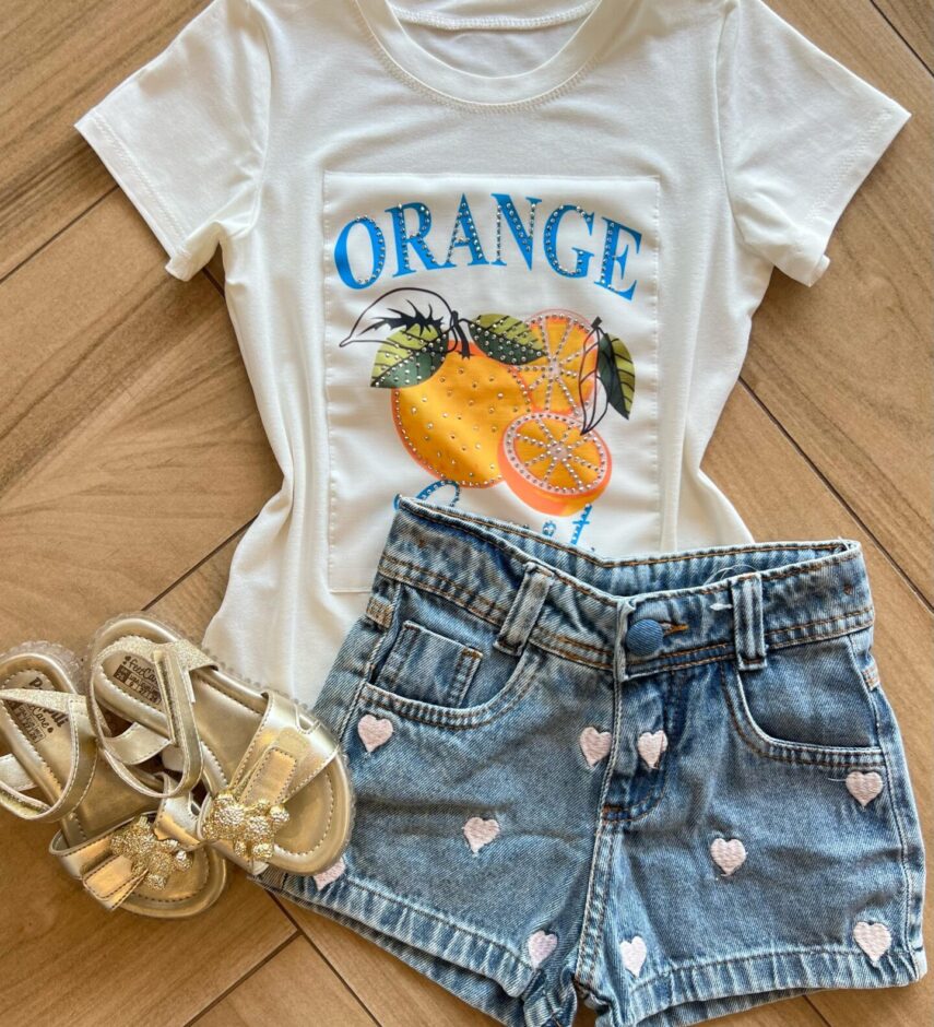Blusa Infantil Feminina Manga Curta Malha Branca Orange Fernanda Ramos Kids