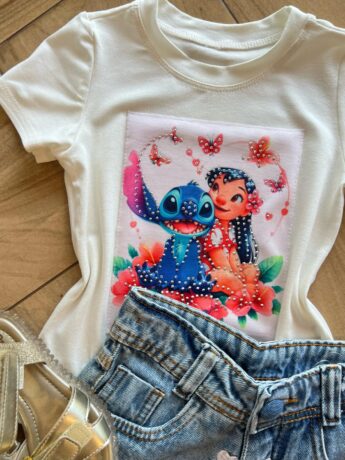fernandaramoskids com br Blusa Infantil Feminina Manga Curta Malha Branca Stich1