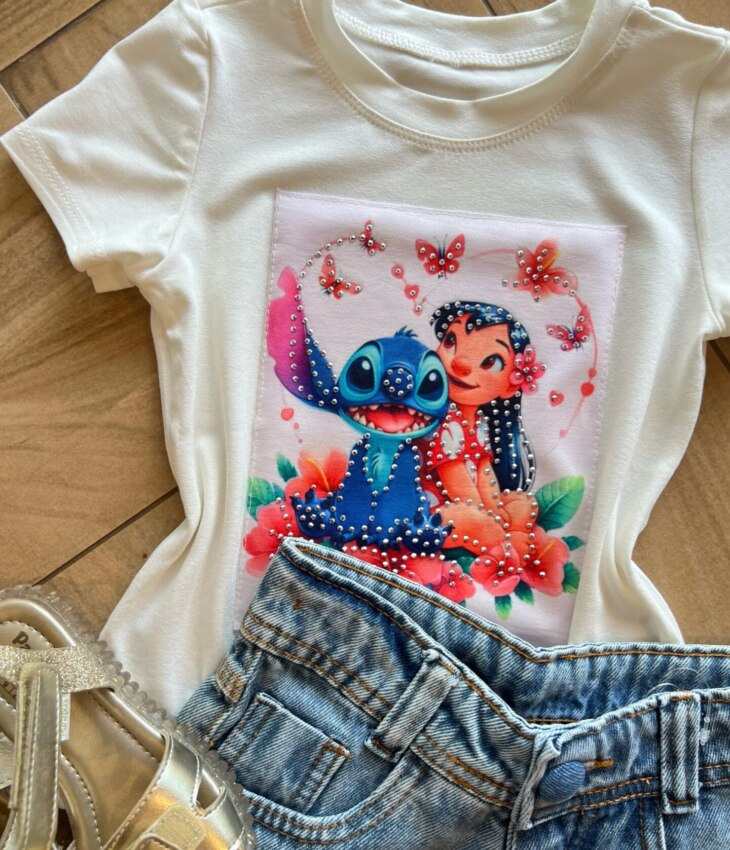 fernandaramoskids com br Blusa Infantil Feminina Manga Curta Malha Branca Stich1