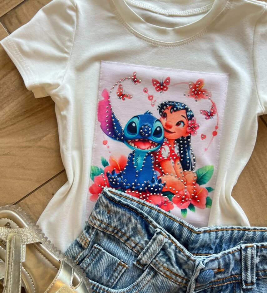 fernandaramoskids com br Blusa Infantil Feminina Manga Curta Malha Branca Stich1
