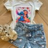 Blusa Infantil Feminina Manga Curta Malha Branca Stich Fernanda Ramos Kids