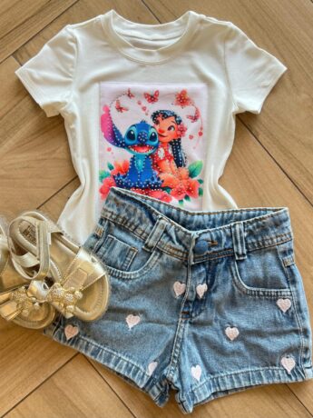 Blusa Infantil Feminina Manga Curta Malha Branca Stich Fernanda Ramos Kids