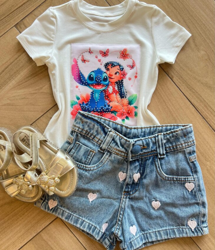 Blusa Infantil Feminina Manga Curta Malha Branca Stich Fernanda Ramos Kids