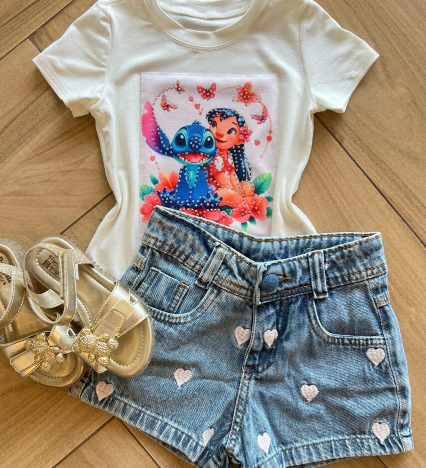 Blusa Infantil Feminina Manga Curta Malha Branca Stich Fernanda Ramos Kids