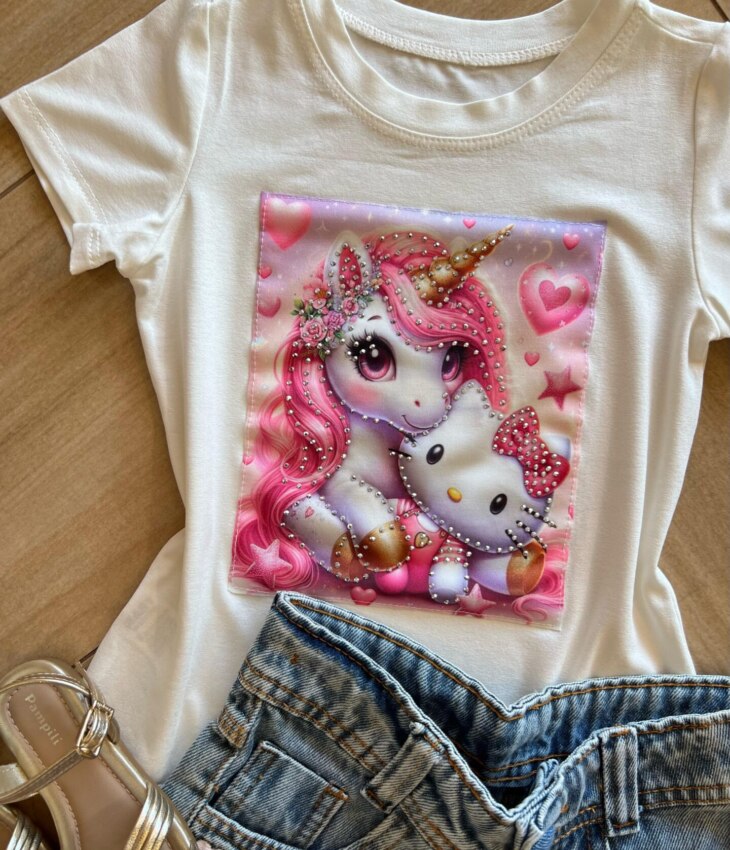 fernandaramoskids com br Blusa Infantil Feminina Manga Curta Malha Branca Unicórnio1