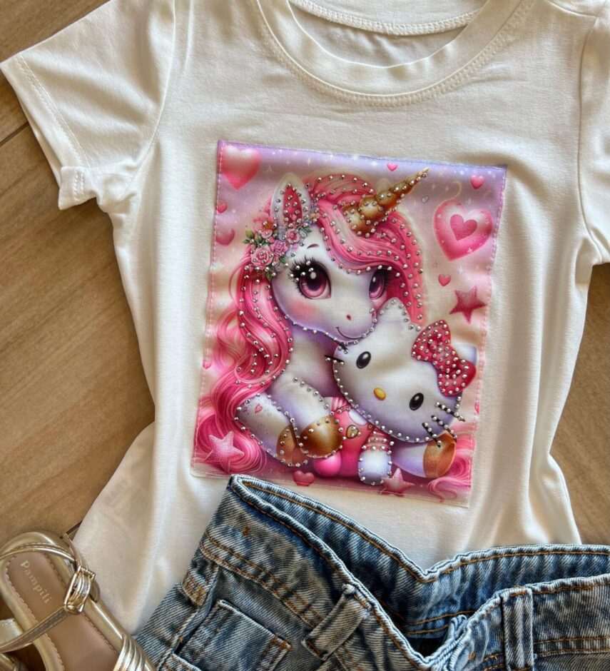 fernandaramoskids com br Blusa Infantil Feminina Manga Curta Malha Branca Unicórnio1