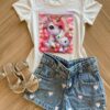 Blusa Infantil Feminina Manga Curta Malha Branca Unicórnio Fernanda Ramos Kids