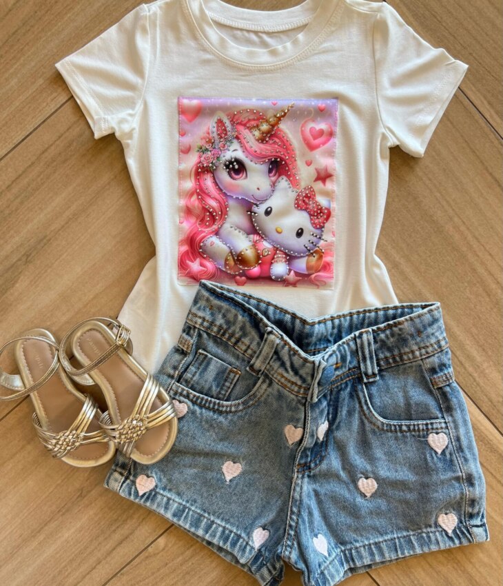 Blusa Infantil Feminina Manga Curta Malha Branca Unicórnio Fernanda Ramos Kids