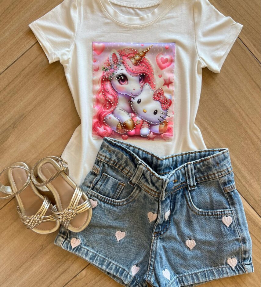 Blusa Infantil Feminina Manga Curta Malha Branca Unicórnio Fernanda Ramos Kids