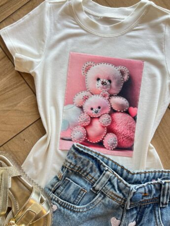 fernandaramoskids com br Blusa Infantil Feminina Manga Curta Malha Branca Ursinho1