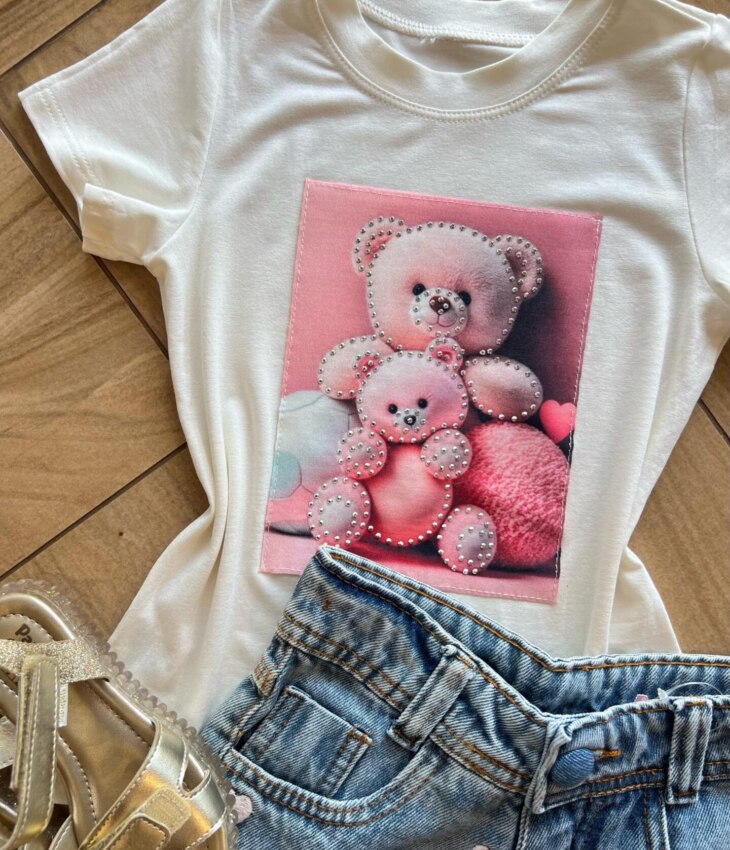 fernandaramoskids com br Blusa Infantil Feminina Manga Curta Malha Branca Ursinho1