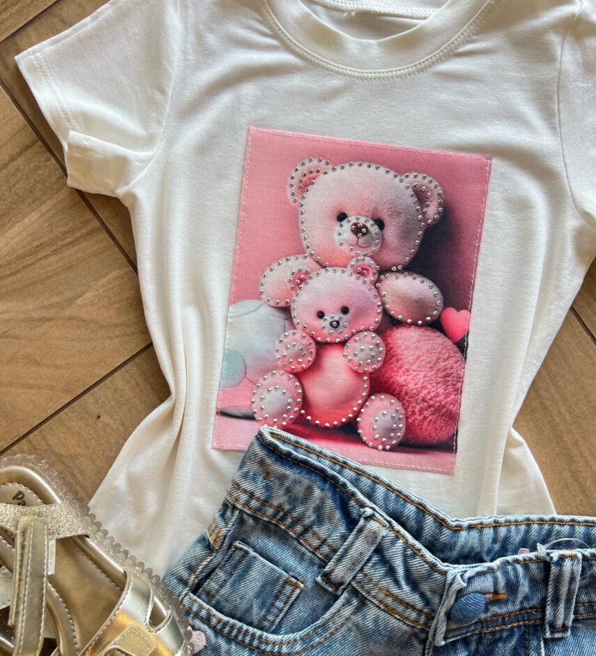 fernandaramoskids com br Blusa Infantil Feminina Manga Curta Malha Branca Ursinho1