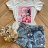 Blusa Infantil Feminina Manga Curta Malha Branca Ursinho Fernanda Ramos Kids