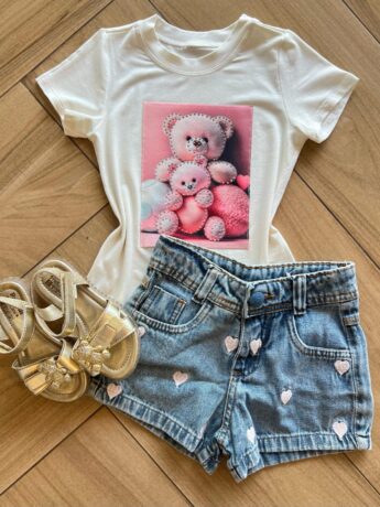 Blusa Infantil Feminina Manga Curta Malha Branca Ursinho Fernanda Ramos Kids