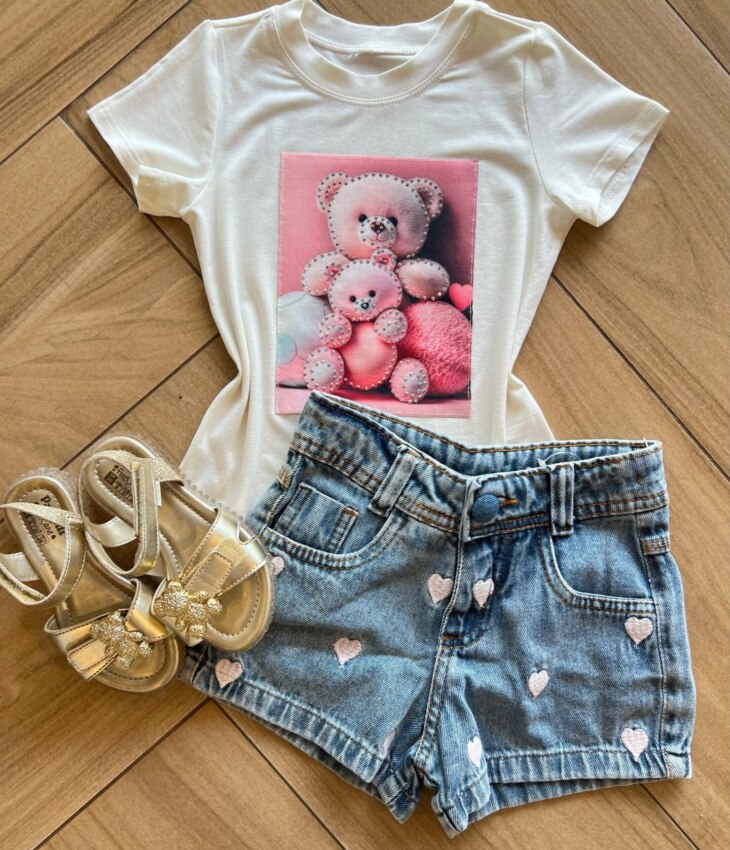 Blusa Infantil Feminina Manga Curta Malha Branca Ursinho Fernanda Ramos Kids