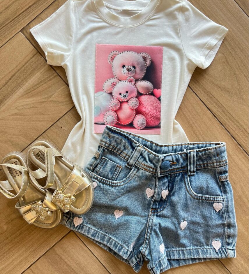 Blusa Infantil Feminina Manga Curta Malha Branca Ursinho Fernanda Ramos Kids