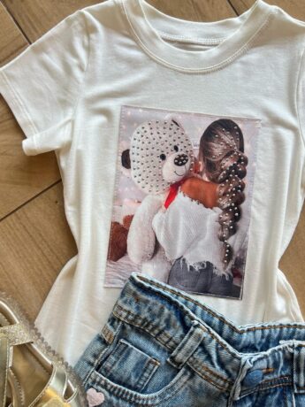fernandaramoskids com br Blusa Infantil Feminina Manga Curta Malha Branca Urso1