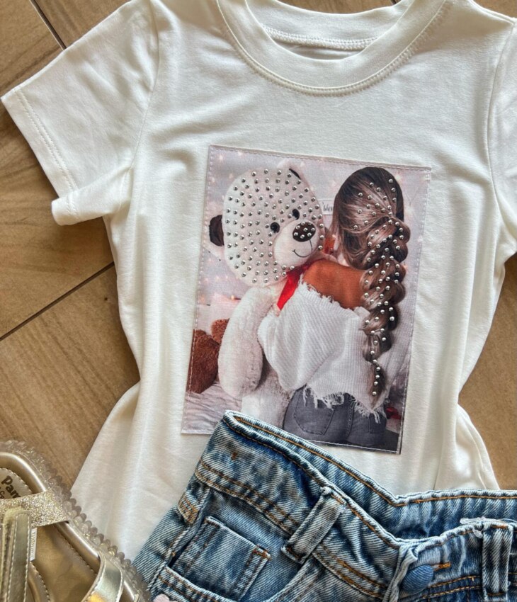 fernandaramoskids com br Blusa Infantil Feminina Manga Curta Malha Branca Urso1