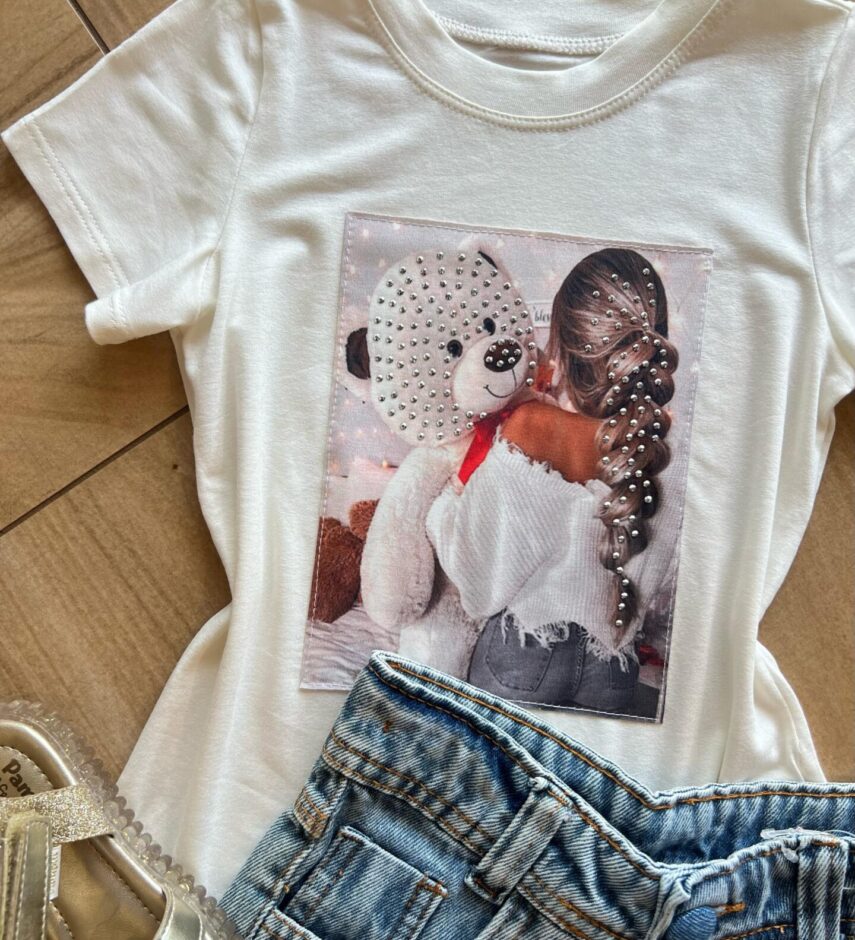 fernandaramoskids com br Blusa Infantil Feminina Manga Curta Malha Branca Urso1
