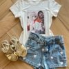 Blusa Infantil Feminina Manga Curta Malha Branca Urso Fernanda Ramos Kids