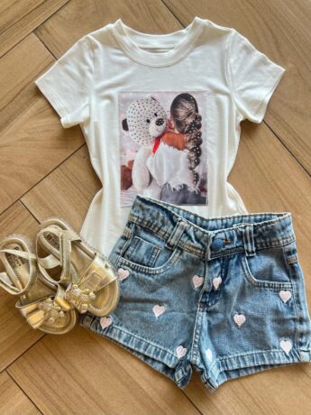 Blusa Infantil Feminina Manga Curta Malha Branca Urso Fernanda Ramos Kids