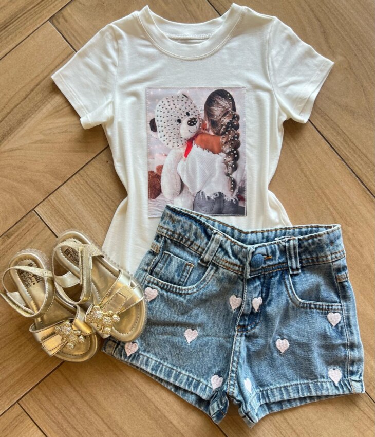 Blusa Infantil Feminina Manga Curta Malha Branca Urso Fernanda Ramos Kids
