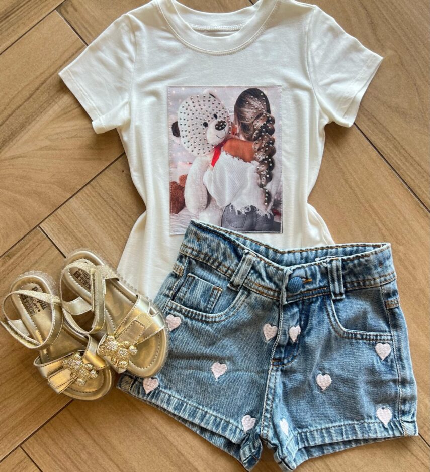 Blusa Infantil Feminina Manga Curta Malha Branca Urso Fernanda Ramos Kids