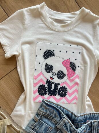 fernandaramoskids com br Blusa Infantil Feminina Manga Curta Malha Branca Panda1