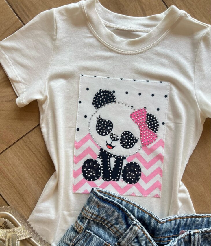 fernandaramoskids com br Blusa Infantil Feminina Manga Curta Malha Branca Panda1