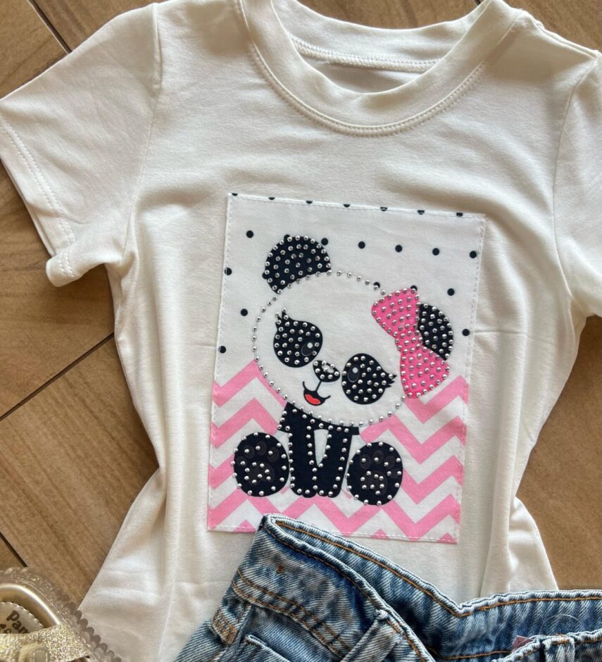 fernandaramoskids com br Blusa Infantil Feminina Manga Curta Malha Branca Panda1
