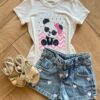 Blusa Infantil Feminina Manga Curta Malha Branca Panda Fernanda Ramos Kids