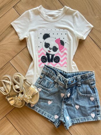 Blusa Infantil Feminina Manga Curta Malha Branca Panda Fernanda Ramos Kids