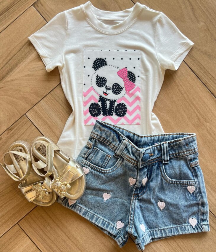 Blusa Infantil Feminina Manga Curta Malha Branca Panda Fernanda Ramos Kids